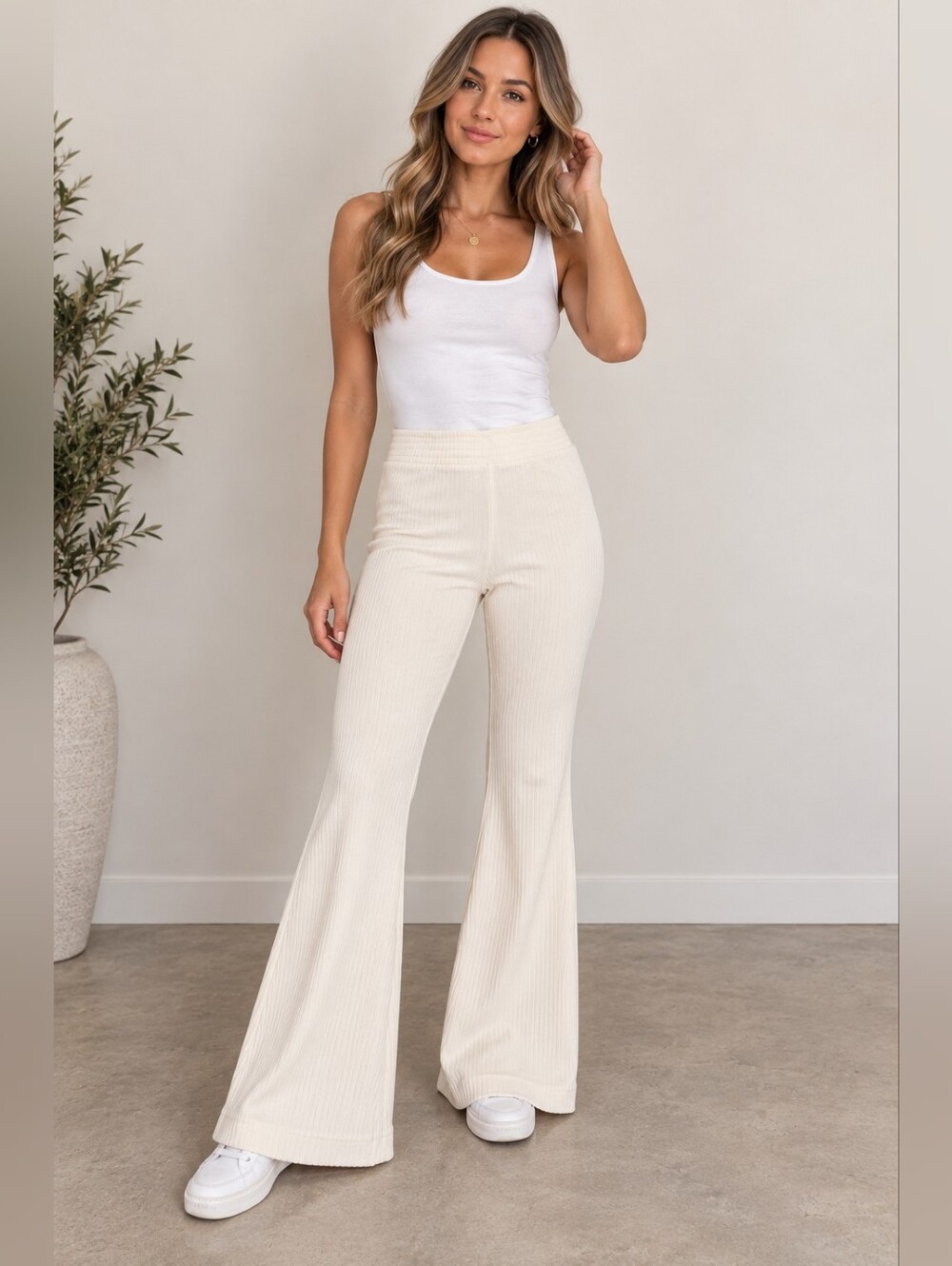 aerie Cream Ribbed Boot Cut Flare Pants